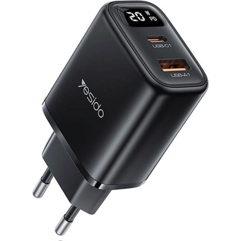 YESIDO Захранване за ел. мрежа с USB-A и USB-C изходи и технология за бързо зареждане - Yesido YC68 Digital Display Dual Fast Wall Charger 20W (черен) (YC68 (KF2354523))
