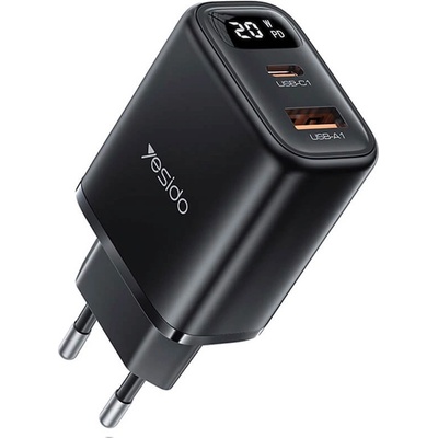 YESIDO Захранване за ел. мрежа с USB-A и USB-C изходи и технология за бързо зареждане - Yesido YC68 Digital Display Dual Fast Wall Charger 20W (черен) (YC68 (KF2354523))