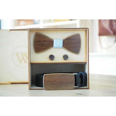 Wood Style Set Kulatý Ořech opasek motýlek a manžetové knoflíčky Modrá se vzorem