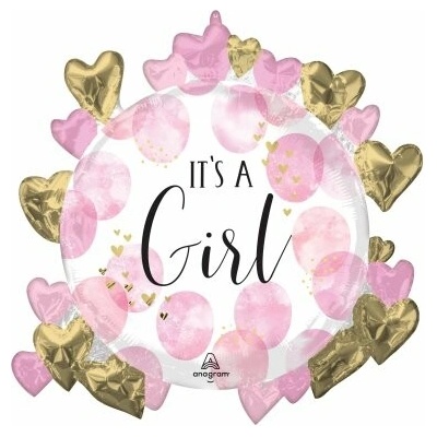Anagram Kruh It´s a Girl růžovo-zlatá srdíčka 66x60cm fóliový balónek