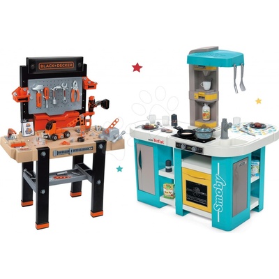 Smoby Set kuchyňka elektronická Tefal Studio 360° XL Bubble a pracovní dílna Black+Decker se zvuky