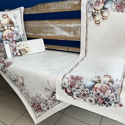 Tegatex Gobelínový ubrus chenille kuřátka na velikonočních vajíčkách 40x140 cm
