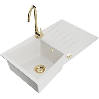 Mexen Cesar мивка от гранит с 1 отделение с дъска и кухненски смесител Telma, бял - 6514-20-670200-50 (6514-20-670200-50)