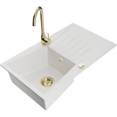 Mexen Cesar мивка от гранит с 1 отделение с дъска и кухненски смесител Telma, бял - 6514-20-670200-50 (6514-20-670200-50)