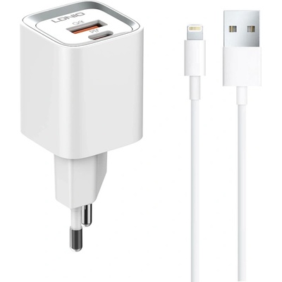 LDNIO Мрежово зарядно устройство LDNIO A2318C, 20W, 1 x Type-C F, 1 x USB F, PD, QC, С Lightning кабел, Бял - 40290