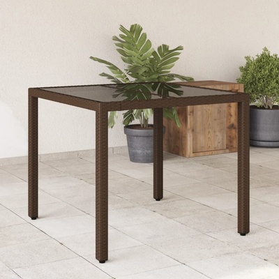 vidaXL Градинска маса със стъклен плот кафява 90x90x75 см полиратан (365528)