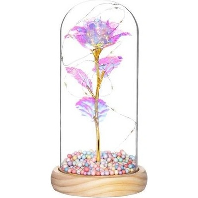 Věčná růže ve skle - Led - 22 cm - křišťál/zlatý stonek/barevné kuličky