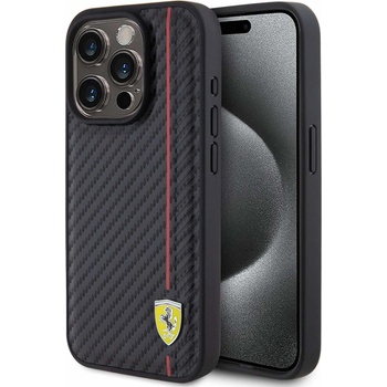 Ferrari PU Leather Carbon Vertical Red Line Case - дизайнерски кожен кейс за iPhone 15 Pro Max (черен)