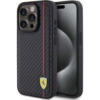 Ferrari PU Leather Carbon Vertical Red Line Case - дизайнерски кожен кейс за iPhone 15 Pro Max (черен)