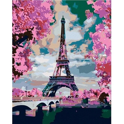 ZUTY Malování podle čísel EIFFELOVA VĚŽ A RŮŽOVÉ STROMY 40 x 50 cm – Zboží Mobilmania