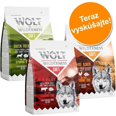 Wolf of Wilderness Adult Soft & Strong Miešané balenie kuracie hovädzie jahňacie 3 x 1 kg