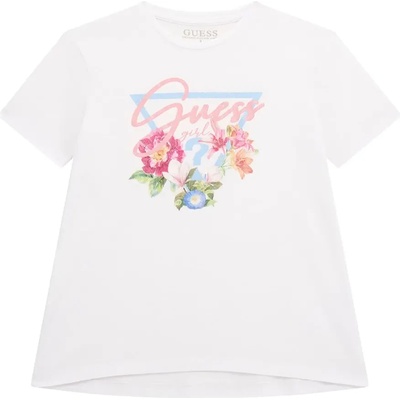 GUESS Тениска с къс ръкав за момиче в бяло с цветя и розов надпис Guess