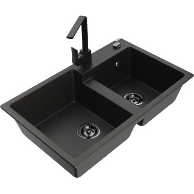Mexen Tomas гранитна мивка с 2 камери и кухненски смесител Rita, черен/златен металик - 6516-75-670300-70-B (6516-75-670300-70-B)