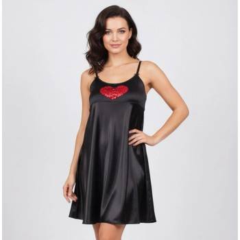 Сатенена нощница в черен цвят с ефектно червено сърце от пайети