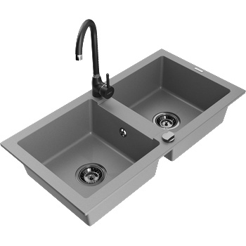Mexen Mario двоен гранитен кухненски мивка с кухненски смесител Telma, сив - 6504-71-670200-70-B (6504-71-670200-70-B)