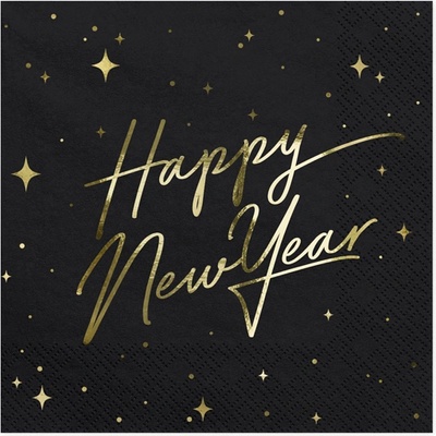 PartyDeco Салфетки - Happy New Year (черни)