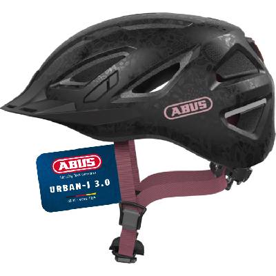city helmet Urban-I 3.0 - bicycle helmet with rear light, peak and magnetic fastener - for men and women - black with floral pattern, size S - 40190