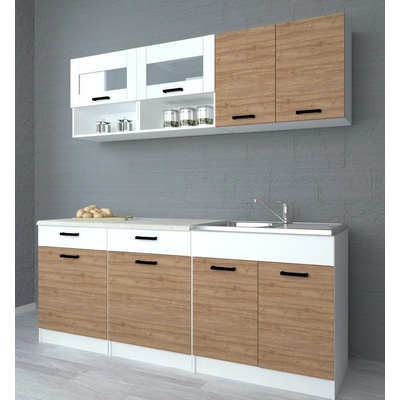 Кухня Ина 200 см бяло, орех и бяло гланц