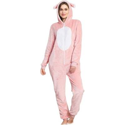 Плюшена пижама-гащеризон в розов корал с качулка зайче