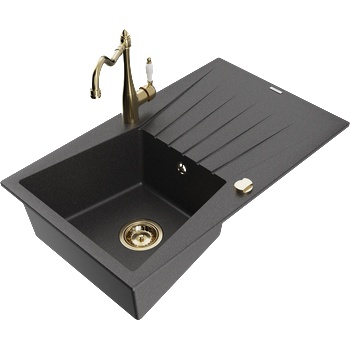 Mexen Cesar гранитна мивка с 1 отделение и отцедник и кухненски смесител Carla, черно на пръски - 6514-76-670700-50 (6514-76-670700-50)