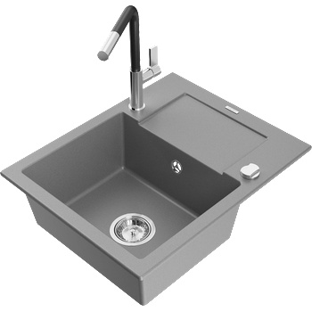 Mexen Enzo гранитна кухненска мивка с 1 отделение с отцедник и кухненски смесител Flora, сив - 6506-71-670401-07 (6506-71-670401-07)