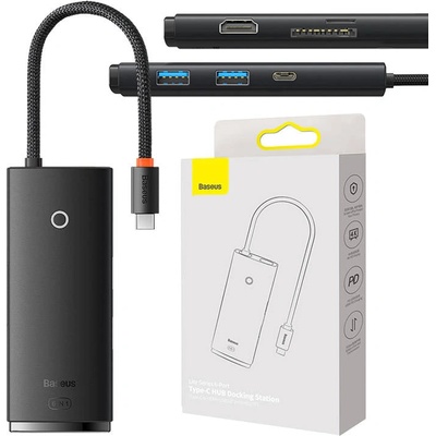 Baseus Хъб Baseus OS Lite, Type-C към HDMI + USB3.0 *2 + PD + SD/TF, черен (WKQX080301)