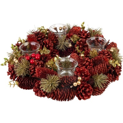 MagicHome Vianoce Věnec MagicHome Vánoce přírodní červený adventní 37 x 9 cm