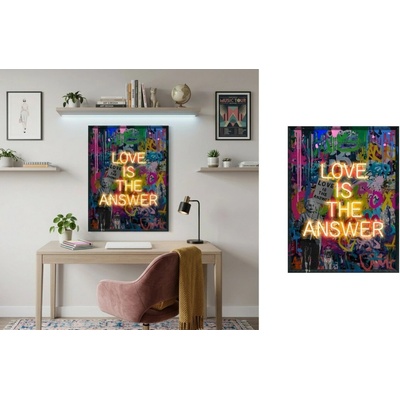LOVE IS THE ANSWER – Moderný pop art LED nástenný obraz – 63 × 83 cm