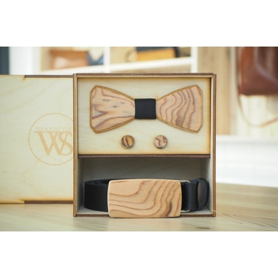 Wood Style Set Hranatý Kořenice opasek motýlek a manžetové knoflíčky černá