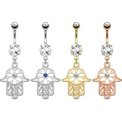 Šperky eshop ocelový piercing do bříška výraznější kulatý zirkon visící symbol Hamsa O12.15 měděná čirá
