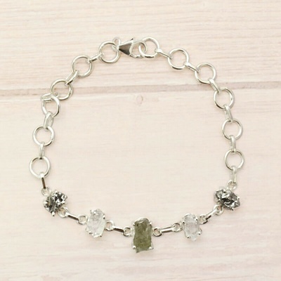 Nefertitis Vltavín, Herkimer diamant a meteorit Campo del Cielo náramek stříbro Ag 925 LOT40 NF56486