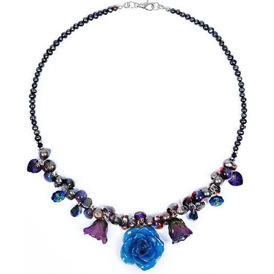 Dannyra Колие с естествени рози, перли, мъниста и кристали Swarovski Blue Rose Dannyra Jewels