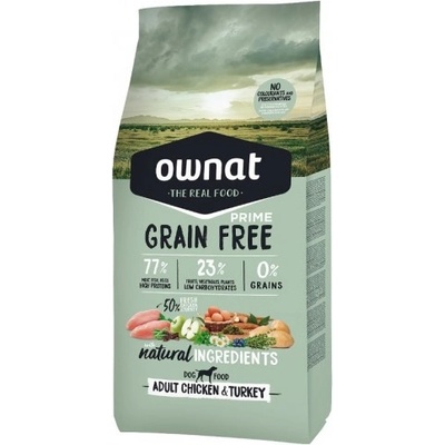 OWNAT Grain Free Prime ADULT CHICKEN TURKEY - Натурална суха храна за кучета, БЕЗ зърнени култури, с 77% качествено месо, пиле и пуйка - 12 кг, Испания - 118730