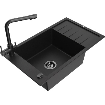 Mexen Elias гранитна мивка с 1 камера и отцедник, с кухненски смесител Duero, черен - 6511-77-671600-70-B (6511-77-671600-70-B)