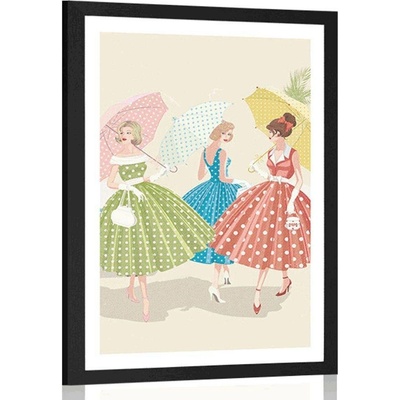 Plakát s paspartou retro dámy s deštníky - 40x60 silver