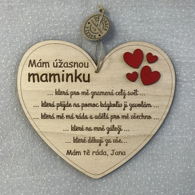 Dekorace z Česka Dřevěné srdce Úžasná maminka 20 cm Varianta: Jednotné číslo + vlastní podpis (pište do poznámky) - PLATBA PŘEDEM!