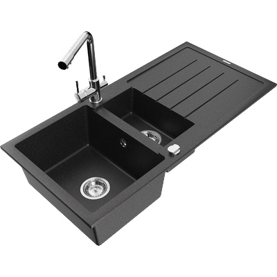 Mexen Andres гранитна мивка 1, 5-камерна с отцедник и кухненски смесител Duero, черен/сребърен - 6515-73-671600-00 (6515-73-671600-00)