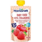 Hamanek Плодово бeбешко пюре Hamanek - Пауч с ябълка и ягода, 5 м+, 120 g (8595139780456) - baby