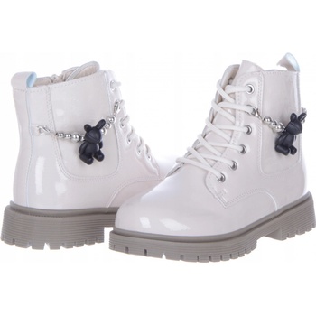 Lakované zateplené dívčí kotníkové boty kozačky se zavazováním a ozdobou krémové