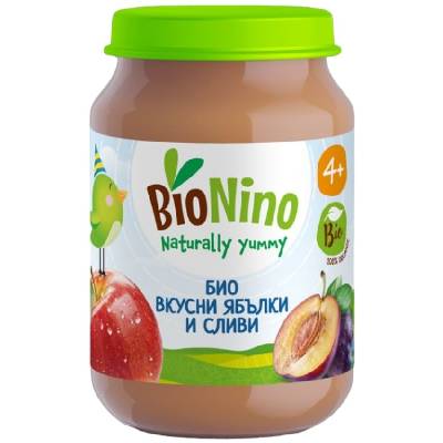 Био плодово пюре BioNino - Ябълки и сливи, 4 м+, 190 g (BN2171)