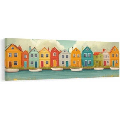 Obraz květinová krajina s domky - 120x40
