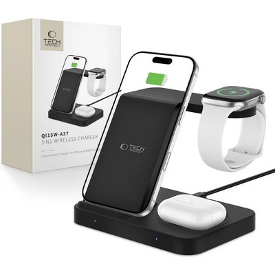Зарядна станция 3в1 15W за iOS и Android устройства от Tech Protect A37 - Черна (5906302372171)