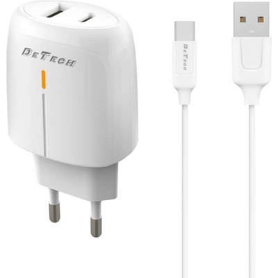 DeTech Мрежово зарядно устройство DeTech DE-31C, 20W, С Type-C кабел, 1 x Type-C F, 1 x USB F, PD, QC, Бял - 40321