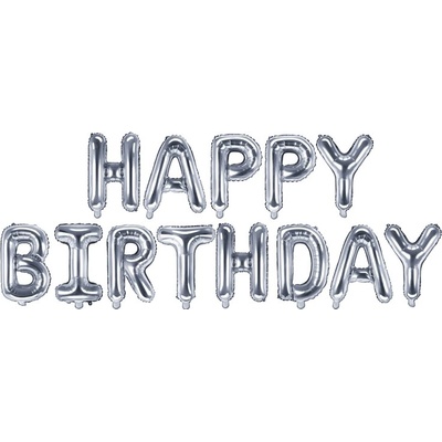 PartyDeco Fóliový balónek 340x35 cm HAPPY BIRTHDAY stříbrný