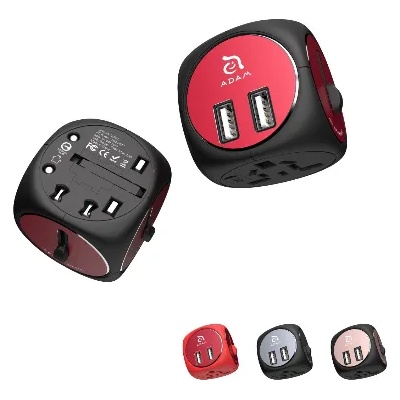 ADAM elements Omnia TA502 Universal Travel Adapter - адаптер за ел. мрежа с преходници за цял свят и два USB-A изход за зареждане (черен-червен)