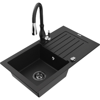 Mexen Pablo гранитна мивка с 1 корито, отцедник и кухненски смесител Savita, черен - 6510-77-672601-70-B (6510-77-672601-70-B)
