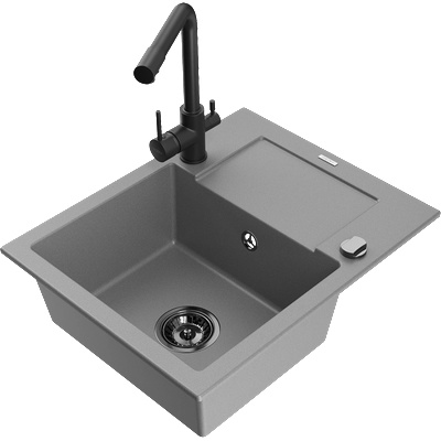 Mexen Enzo гранитна кухненска мивка с 1 отделение с отцедник и кухненски батерия Duero, сива - 6506-71-671600-70-B (6506-71-671600-70-B)