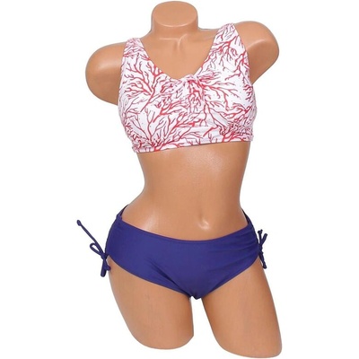 Дамски бански в бяло и тъмносиньо с оранжеви корали