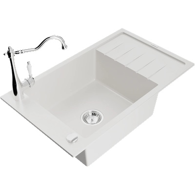 Mexen Elias гранитна мивка с 1 камера и отцедник и кухненски смесител Carla, бял - 6511-20-670700-00 (6511-20-670700-00)