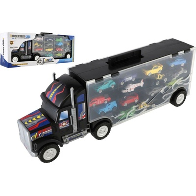 Teddies Auto kamion přepravník + dopravní prostředky plast 50cm na volný chod v krabici 51x18x10cm